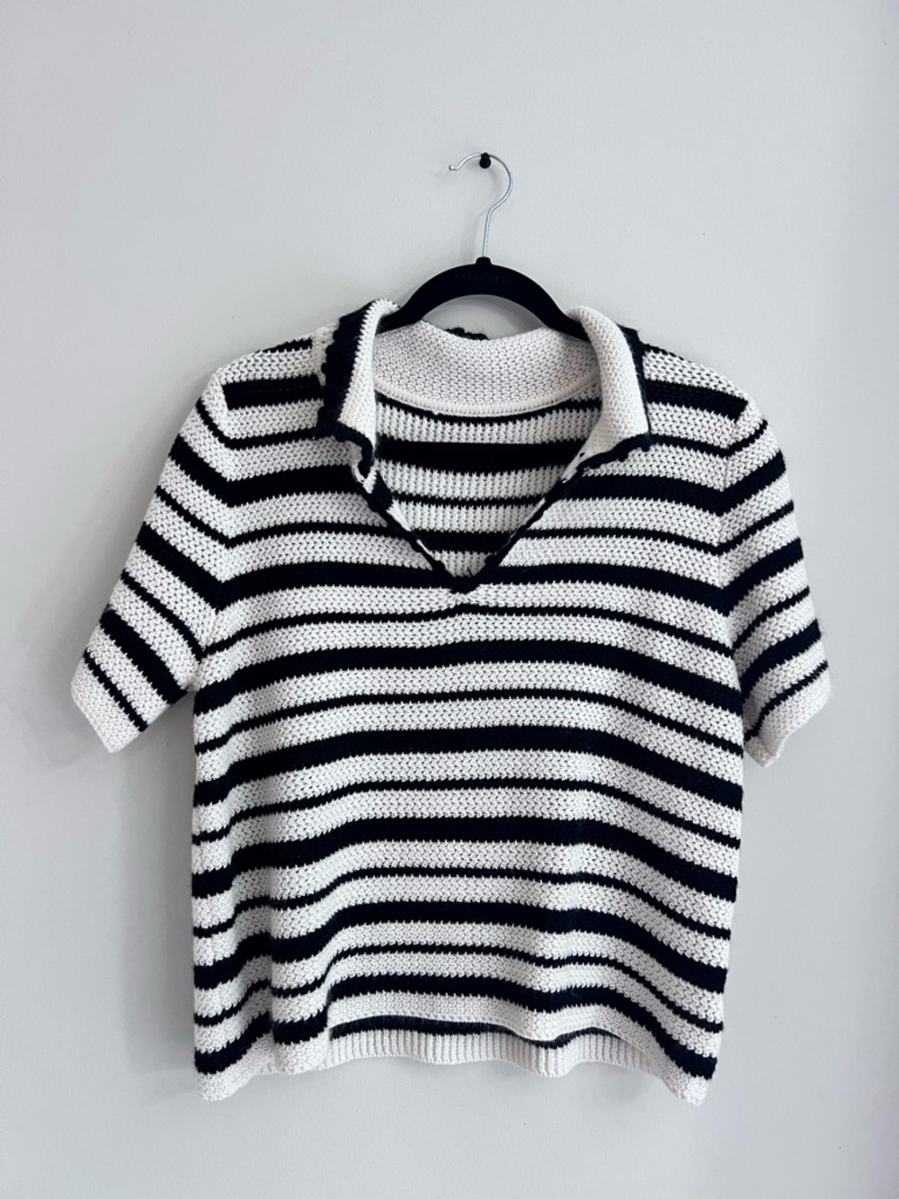 Striped Knit Polo Sweater - Black & White